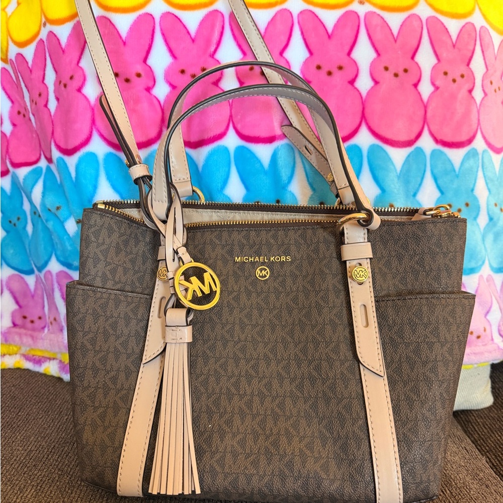 Michael Kors Brown MK Signature Satchel with Beige Trim and Gold Hardware
